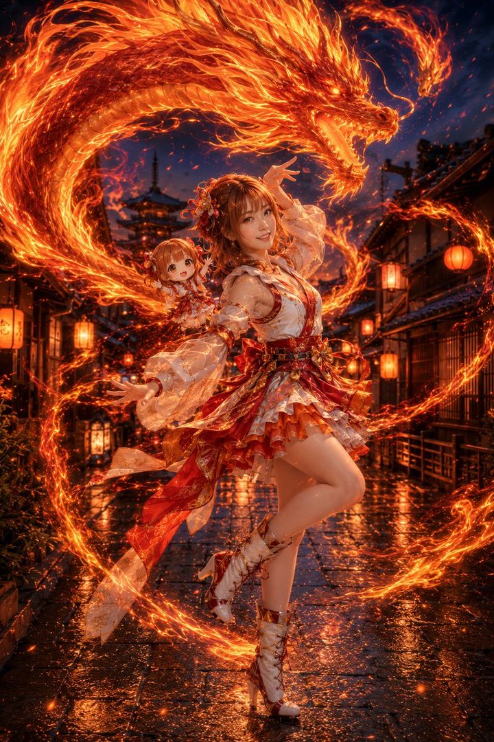 A young woman in a flowing red and white fantasy magic girl outfit poses dynamically with a massive fire dragon swirling around her on a rainy lantern-lit Japanese street at night.