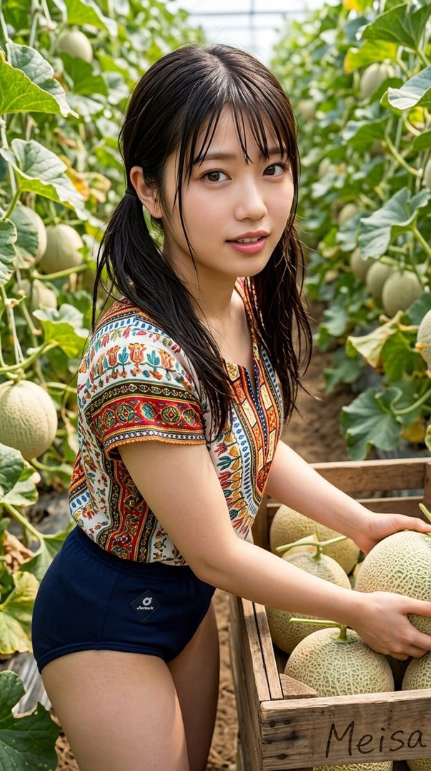 Young woman with long black hair posing in a greenhouse among melons while holding a wooden crate.