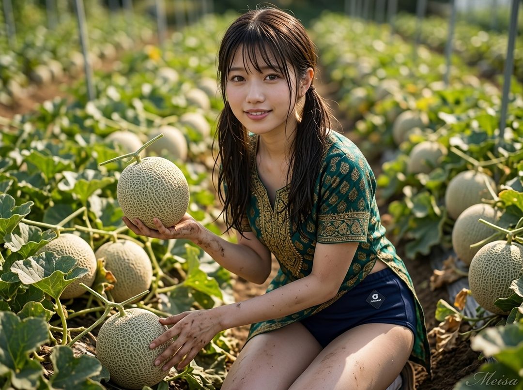 Young woman in a green patterned top holding a fresh melon while kneeling in a sunlit melon field.