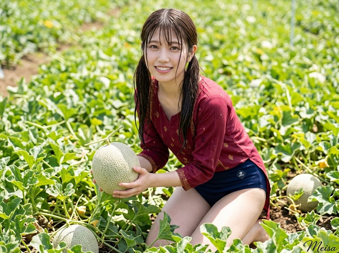 A smiling young woman in a red top holding a fresh melon while kneeling in a lush green melon field on a sunny day.