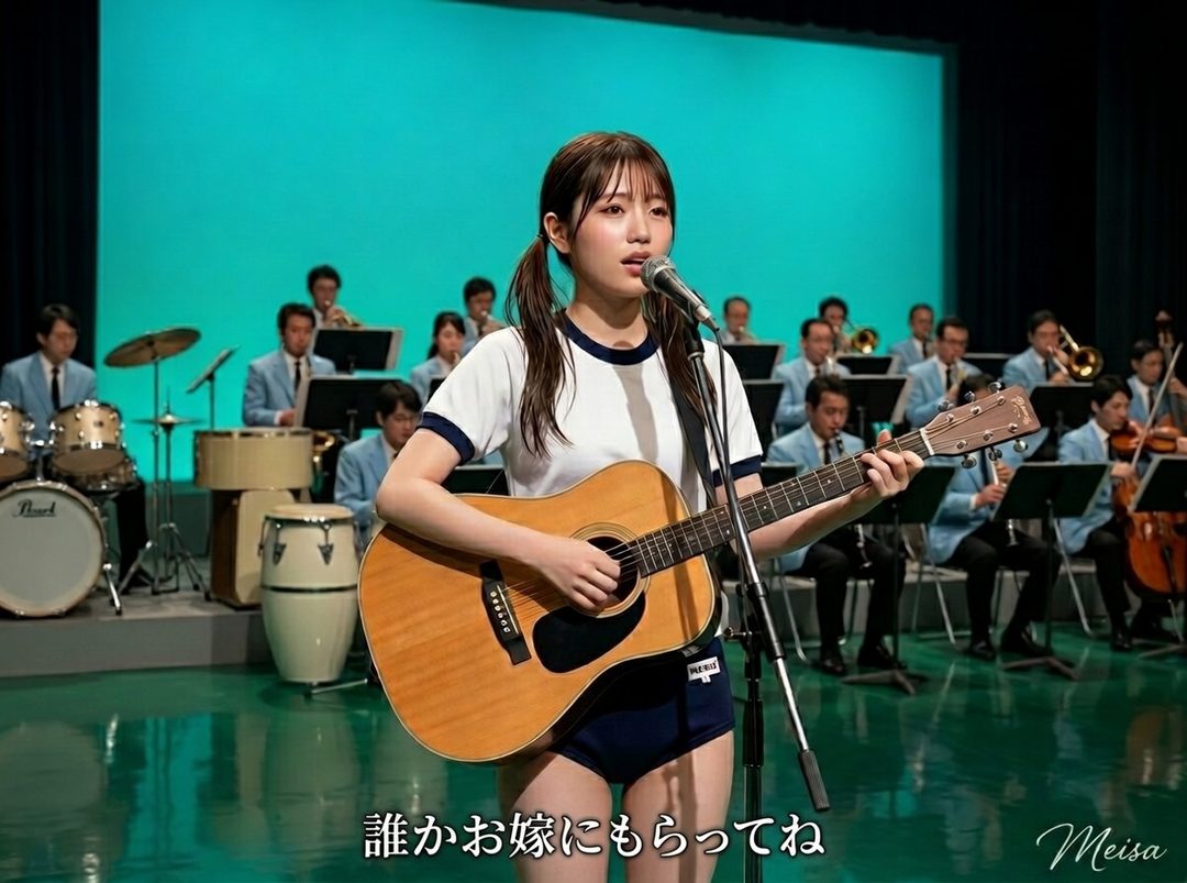 Young woman in gym uniform performing with acoustic guitar on stage in front of an orchestra.