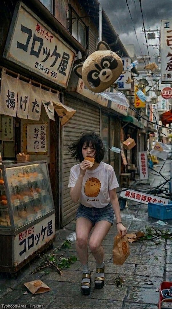 A young woman with short black hair is eating a korokke while standing in a stormy Japanese street with debris flying around.