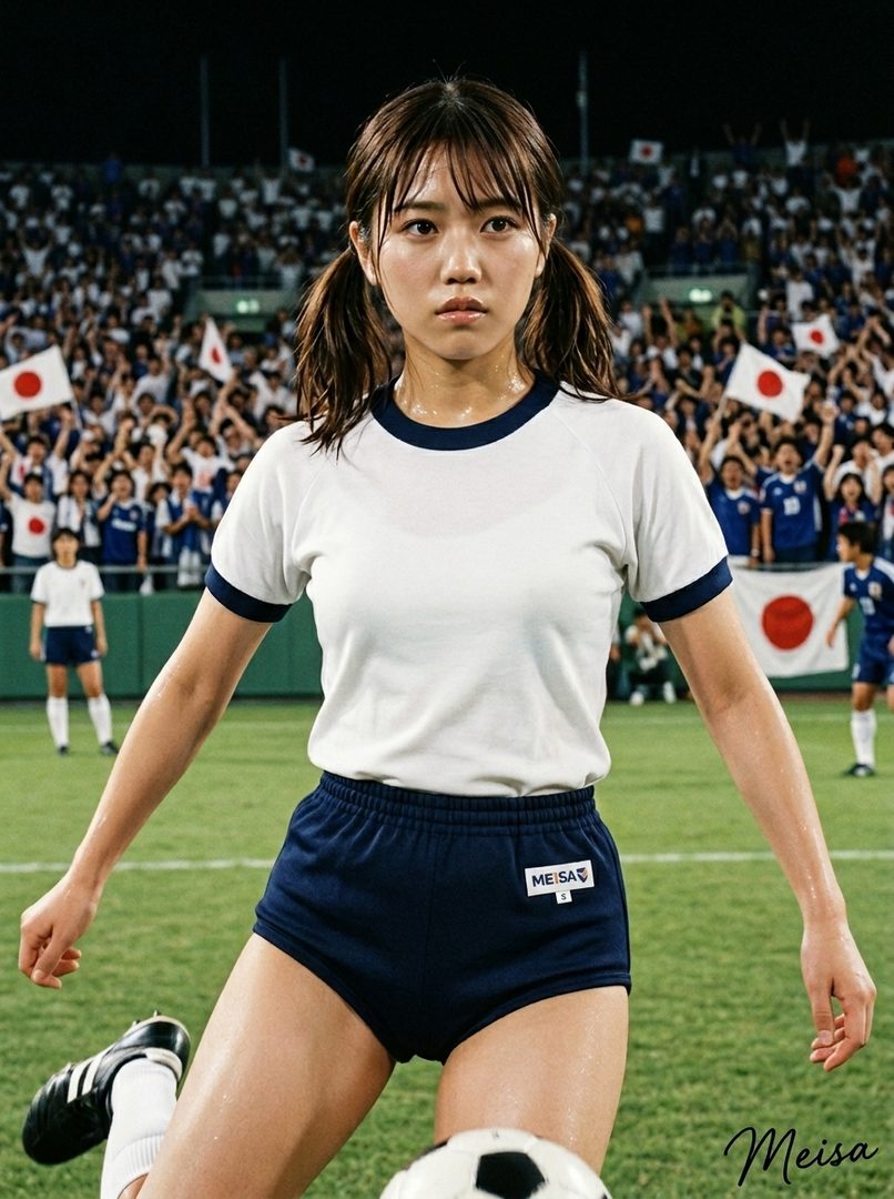 Young Japanese female soccer player in white and navy uniform posing dynamically on a nighttime pitch with cheering crowd and Japanese flags.