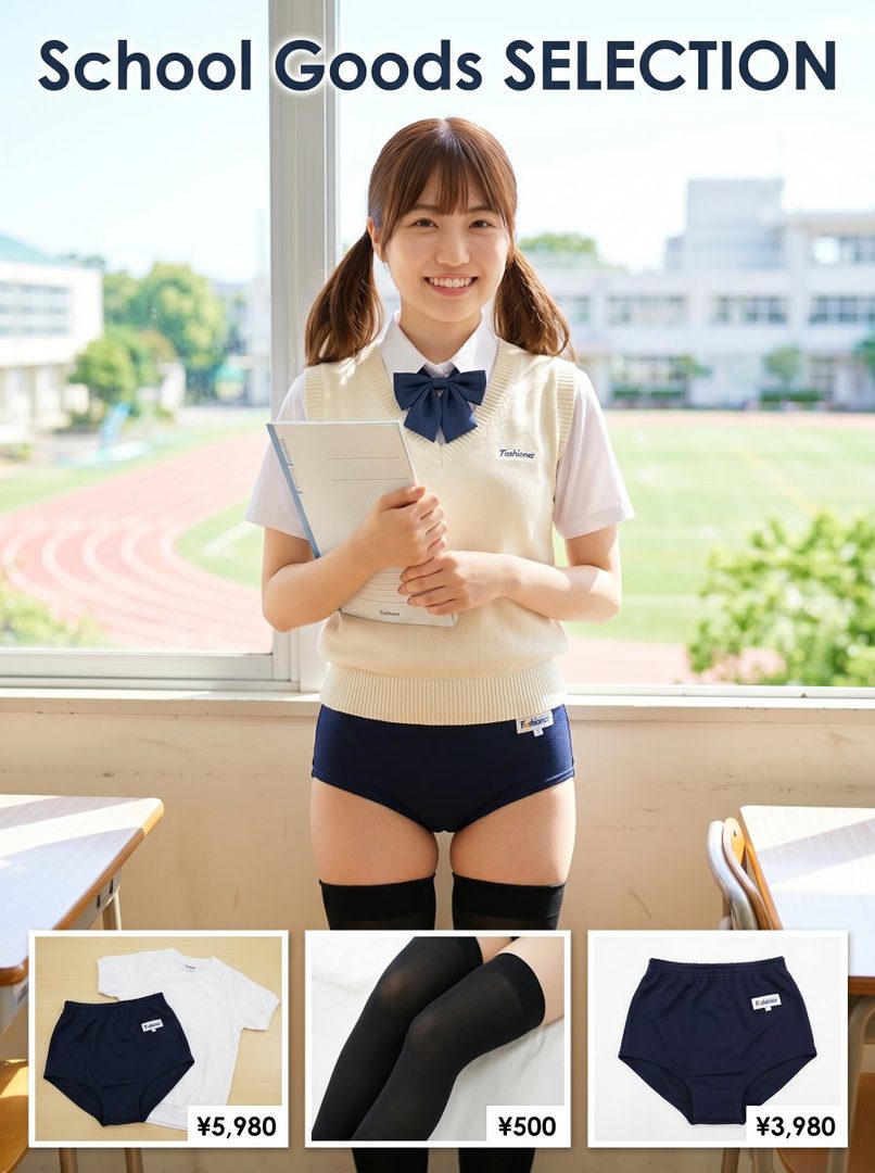 Young woman in Japanese school uniform with cream sweater vest and navy bloomers posing in a bright classroom.