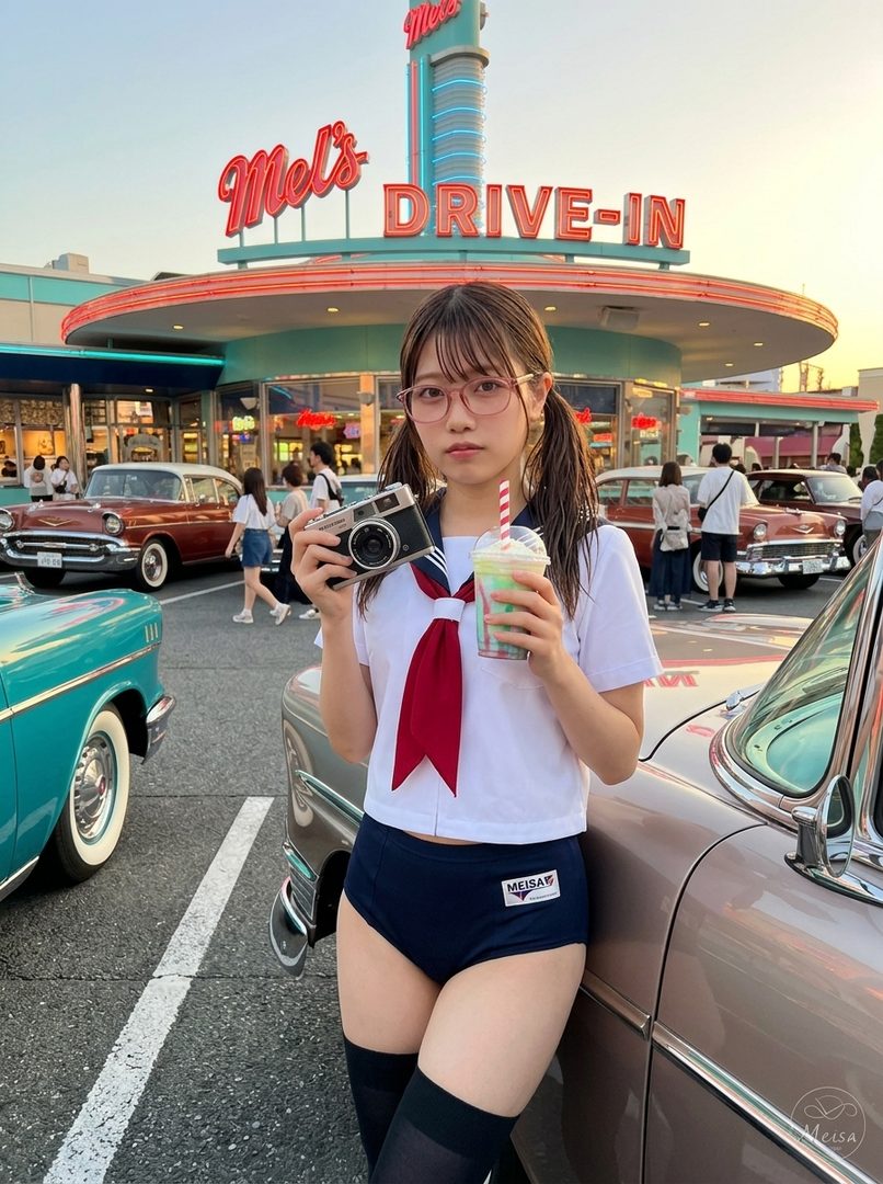 Young woman in sailor uniform cosplay holding a vintage camera and drink while posing beside classic cars at a retro drive-in diner during golden hour.