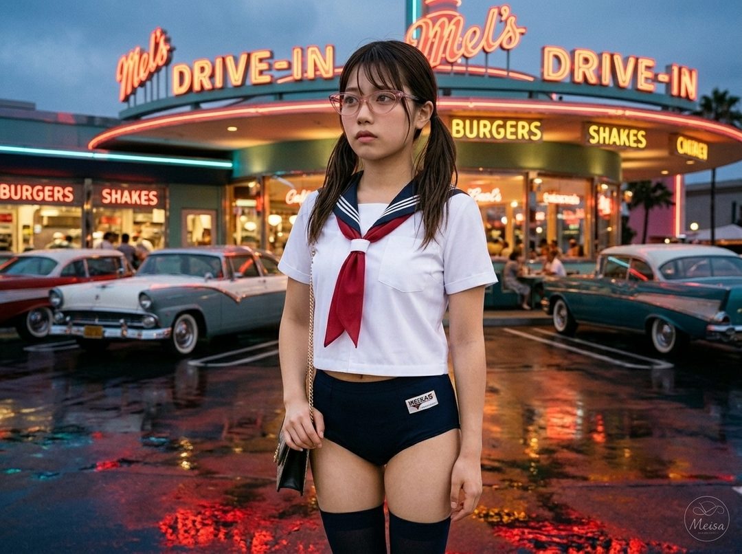 Young woman in Japanese sailor uniform posing at Mel's Drive-In with classic cars at dusk.