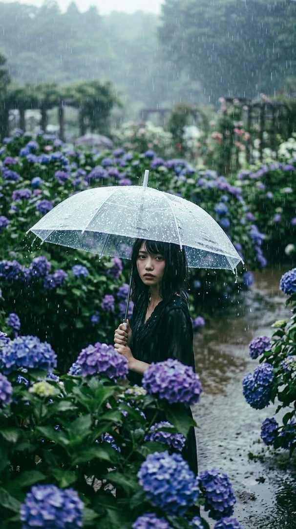 A young woman with black hair holds a clear umbrella in a rainy garden filled with purple hydrangeas.