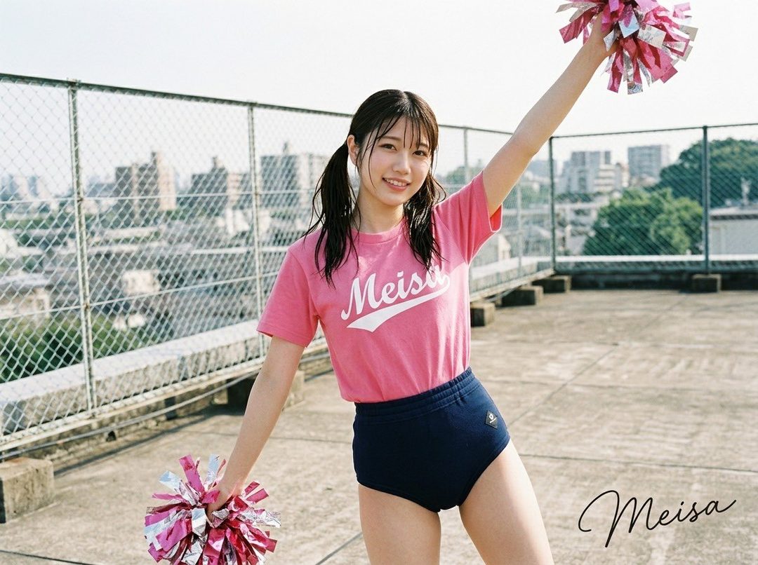 Young woman in pink t-shirt and navy bloomers posing with pom-poms on a city rooftop.