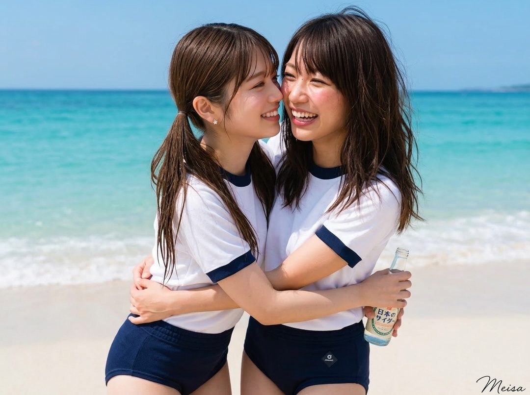 Two young women in navy school-style swimsuits embrace and smile on a sunny tropical beach while holding a bottle of cider.