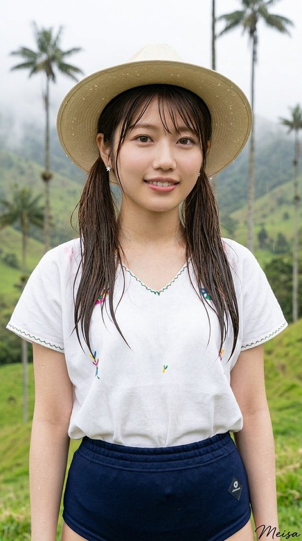 A smiling young woman in a straw hat and casual white top stands in a misty green landscape with tall palm trees.