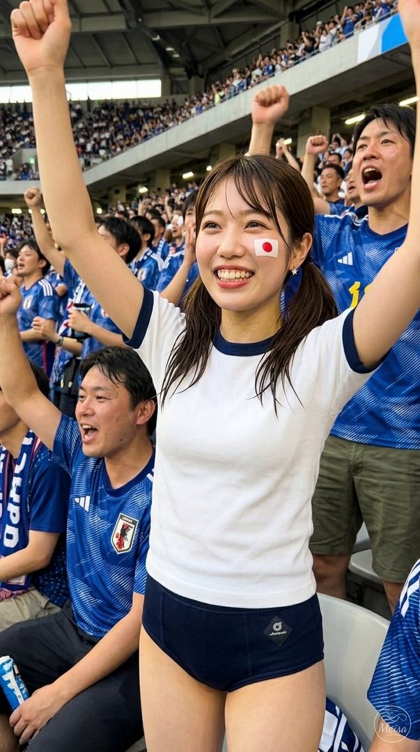 A smiling young Japanese woman in a white t-shirt and bloomers cheering with raised arms in a crowded soccer stadium.