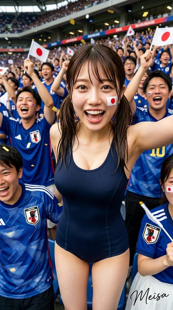 Young Japanese woman in navy school swimsuit smiling and cheering in a crowded soccer stadium with Japan national team fans waving flags.
