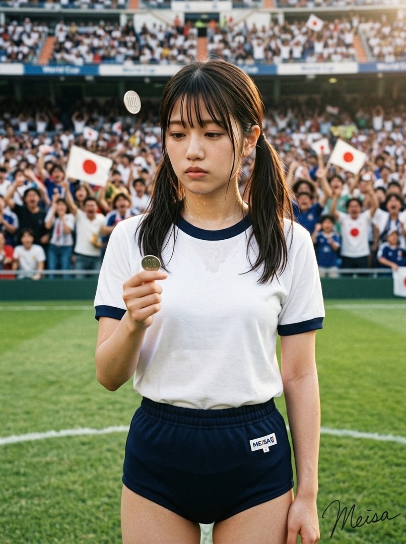 Young Japanese woman in sportswear holding a coin on a soccer pitch with a crowd waving flags behind her.
