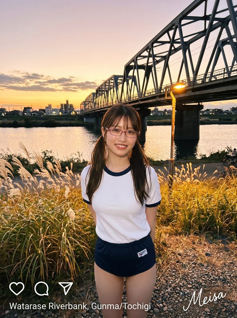 Young woman with long brown hair and glasses posing by the riverbank at sunset under a large bridge.