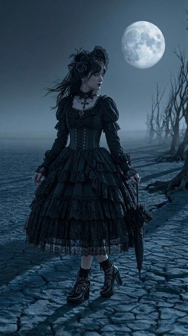A woman in a black gothic lolita dress stands in a desolate, moonlit landscape with bare trees, holding an umbrella.