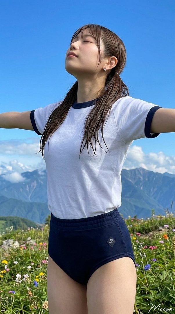 Young woman with long brown ponytail wearing white tee and navy shorts, arms outstretched in a sunny mountain meadow with wildflowers.