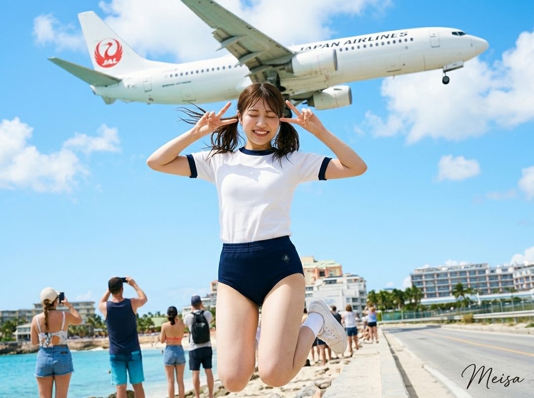 Young woman jumping playfully on Maho Beach with a low-flying Japan Airlines plane overhead under blue skies.