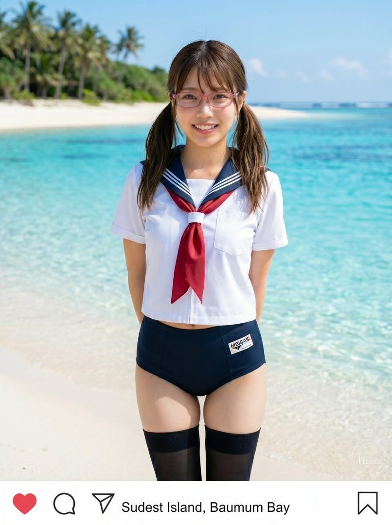 Young woman in sailor uniform and bloomers posing on a tropical beach with turquoise water and palm trees.