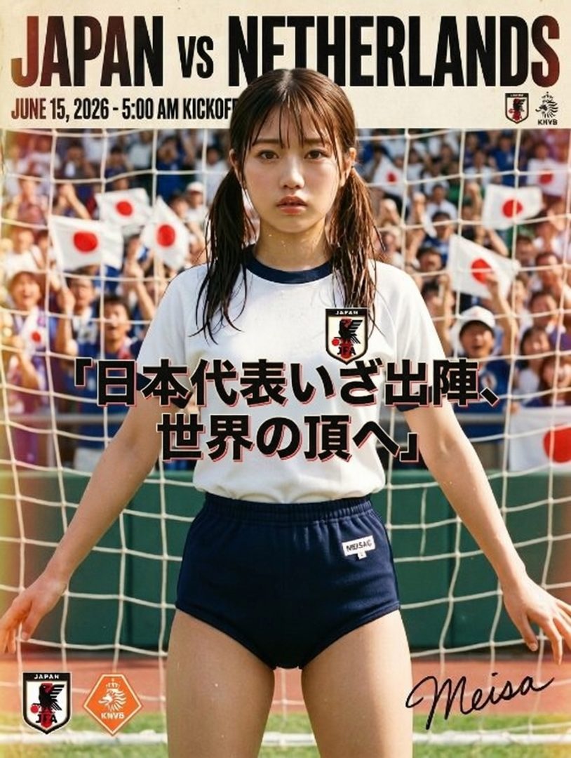 Young Japanese woman in national soccer uniform posing confidently before a goal net with cheering fans in the background.