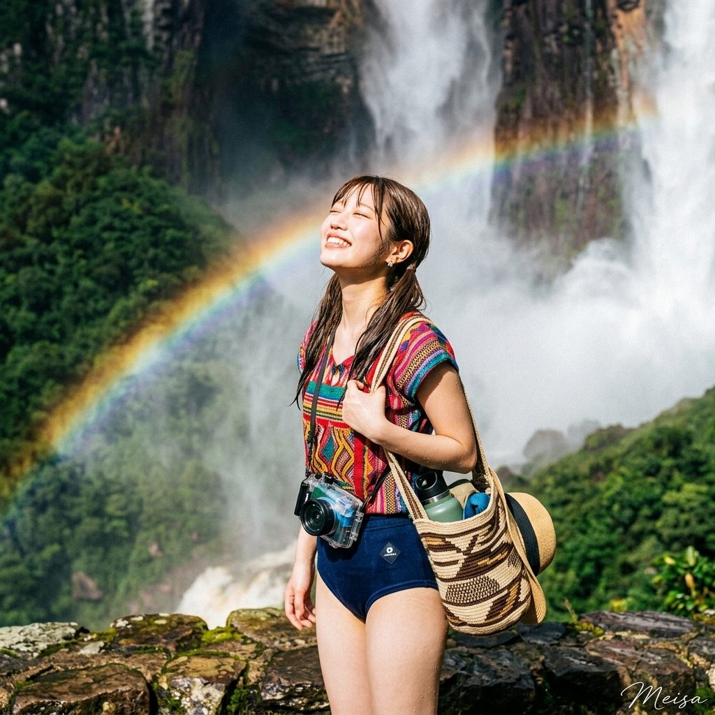 Young woman smiling joyfully in front of a massive waterfall with a rainbow, wearing a colorful top and carrying a camera bag.
