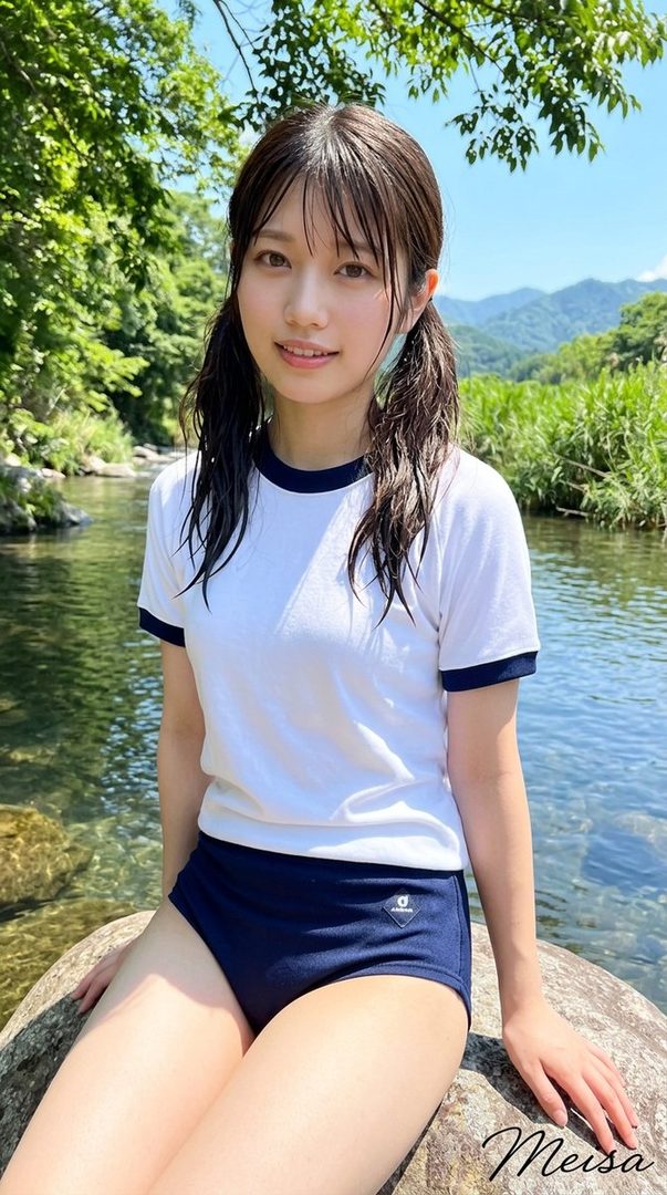 Young woman in Japanese gym uniform sitting by a clear river in a lush green outdoor setting.