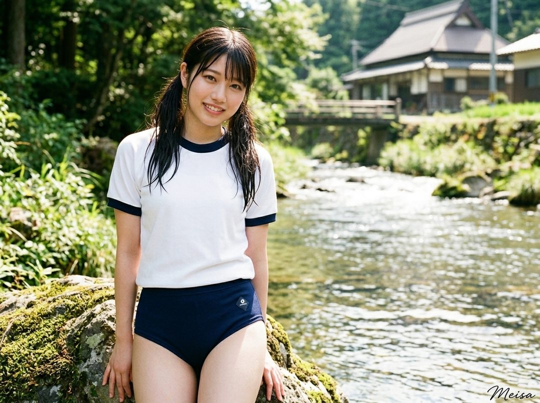 Young woman in Japanese school gym uniform sitting by a clear river in a rural countryside setting.