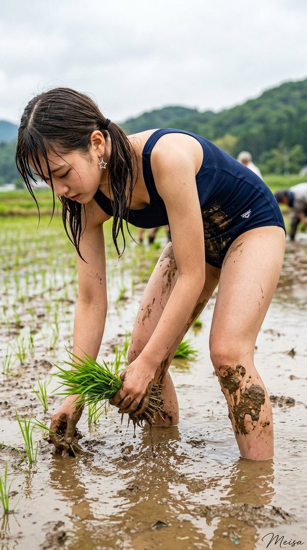 Young woman in a dark school swimsuit planting rice seedlings in a muddy paddy field under overcast skies.