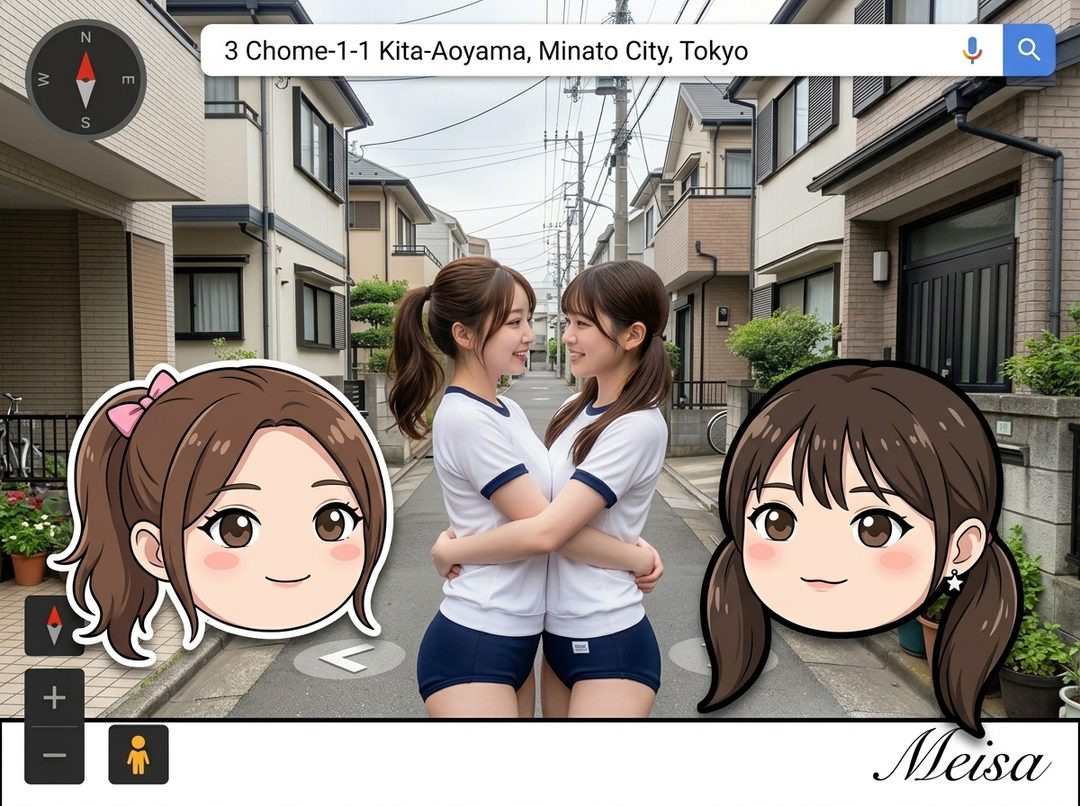 Two young women in matching sportswear hugging on a quiet Tokyo residential street with anime-style character overlays.