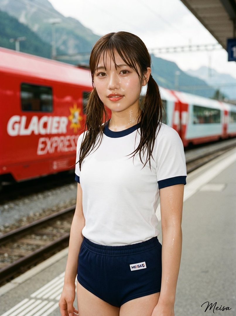 Young woman with wet skin and pigtails standing on a Swiss train platform beside the red Glacier Express in the mountains.