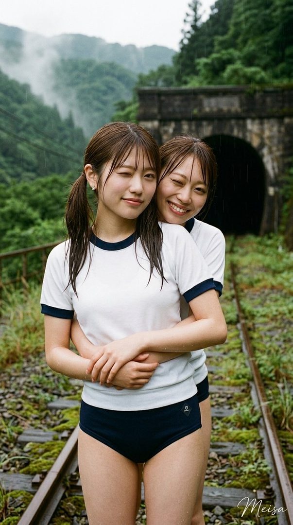 Two young women in retro Japanese school gym uniforms posing affectionately on rainy abandoned railway tracks near a tunnel.