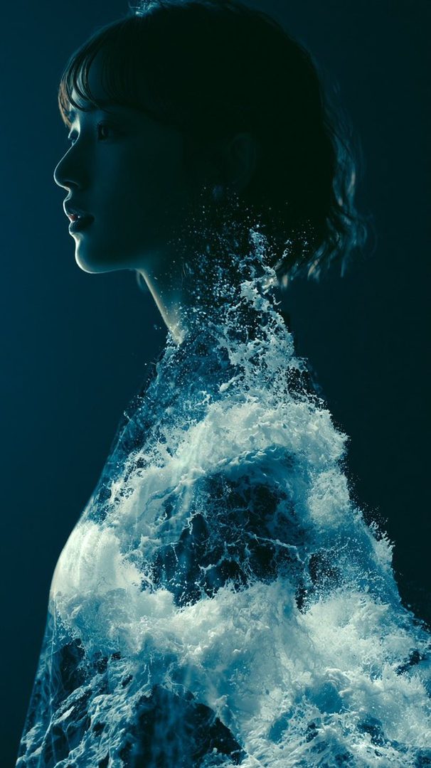 A double exposure portrait of a woman in profile, with her body composed of crashing ocean waves against a dark blue background.