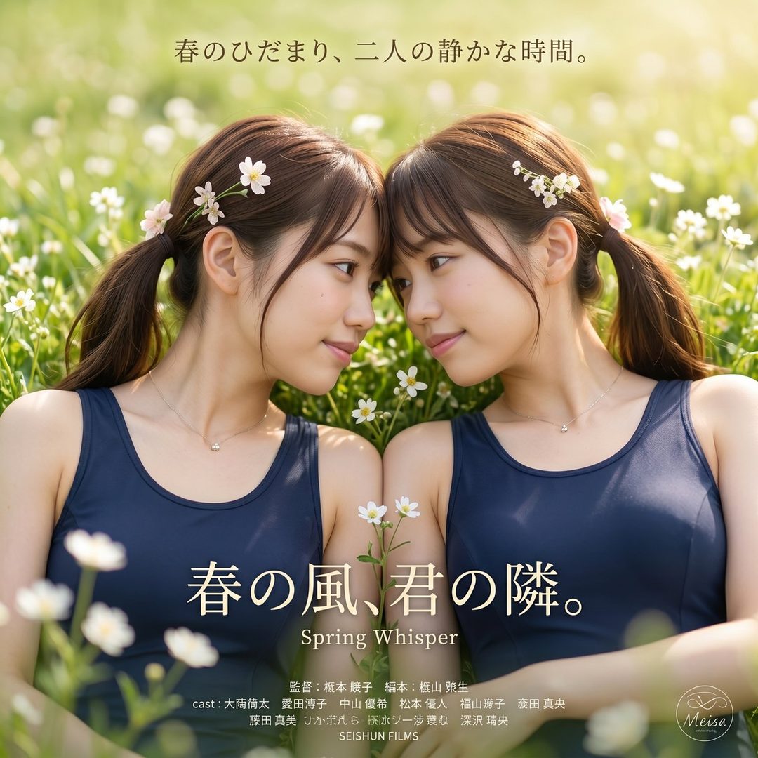 Two young women with brown ponytails and flowers in their hair wearing navy swimsuits sit closely together in a sunlit flower field.