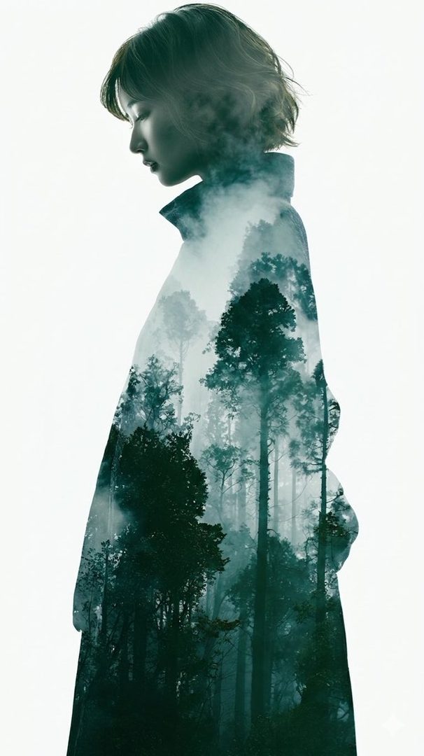 A double exposure portrait of a woman with short hair, her silhouette filled with a misty forest scene, against a white background.