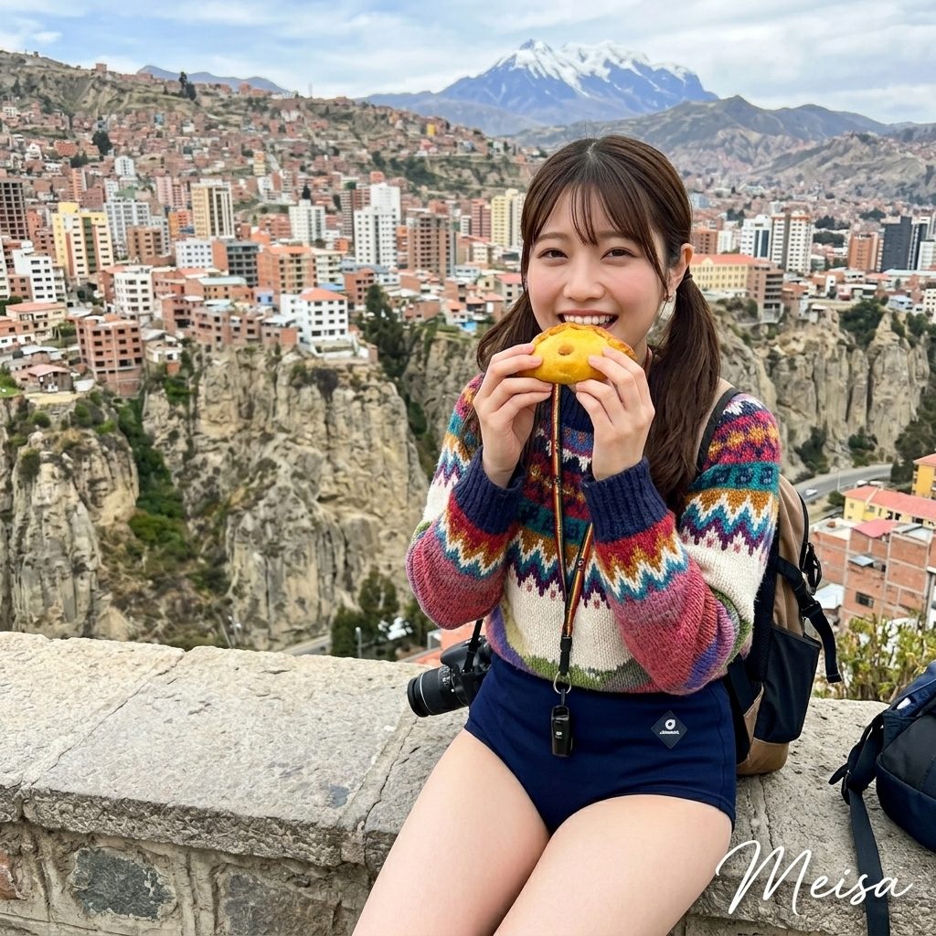 Young woman with brown pigtails smiling and holding a pastry on a scenic overlook of a colorful Bolivian city with mountains.