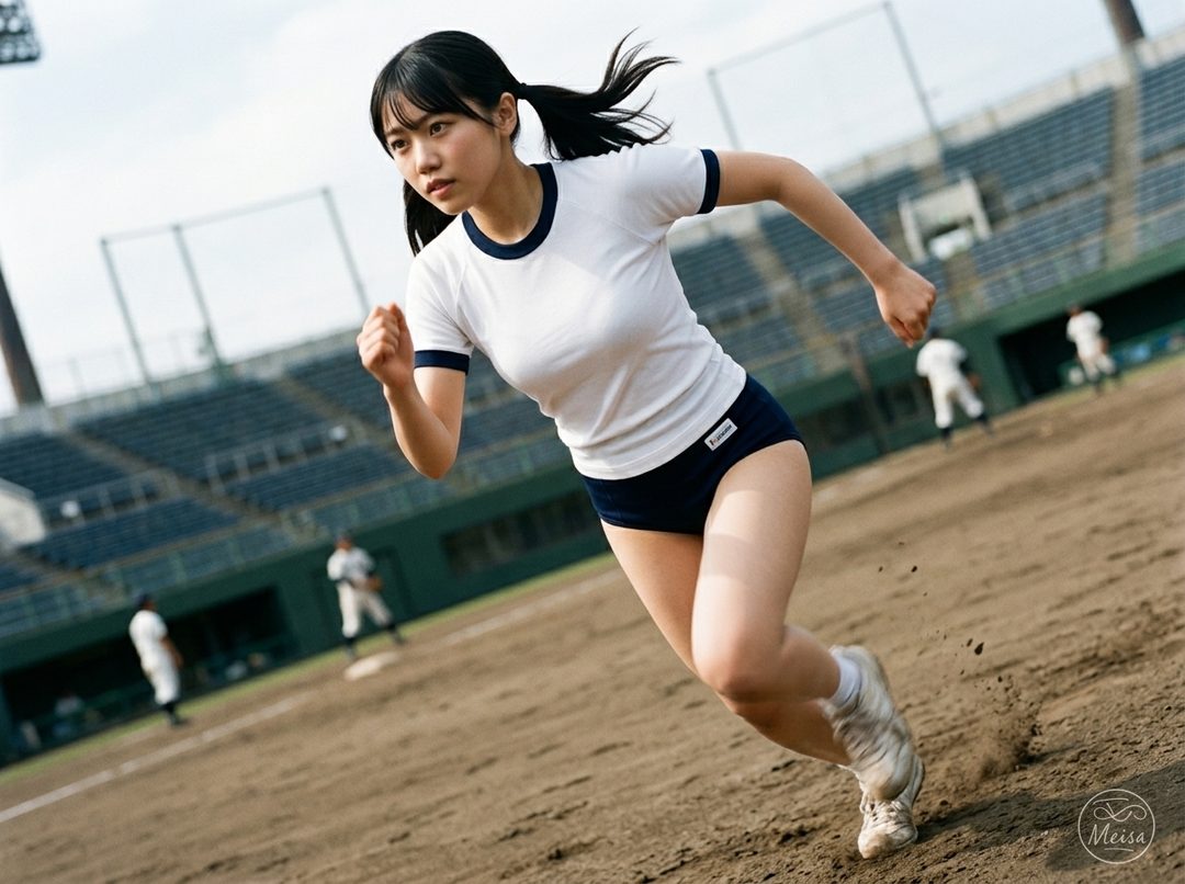 Young Japanese woman with ponytail running energetically on a baseball field in white and navy athletic uniform.