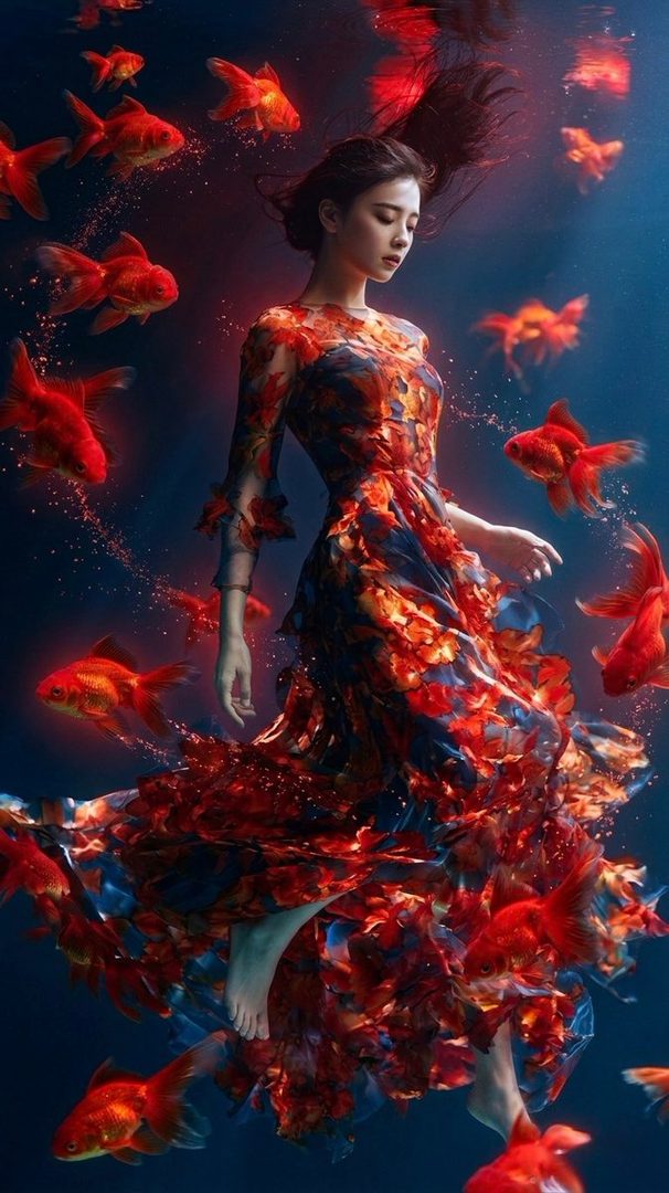 A woman in a flowing red and blue floral dress is depicted underwater, surrounded by glowing red goldfish.