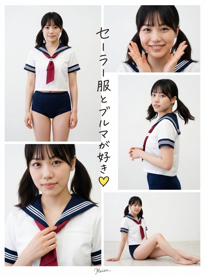 Young Japanese woman in classic sailor school uniform posing in bright studio setting.