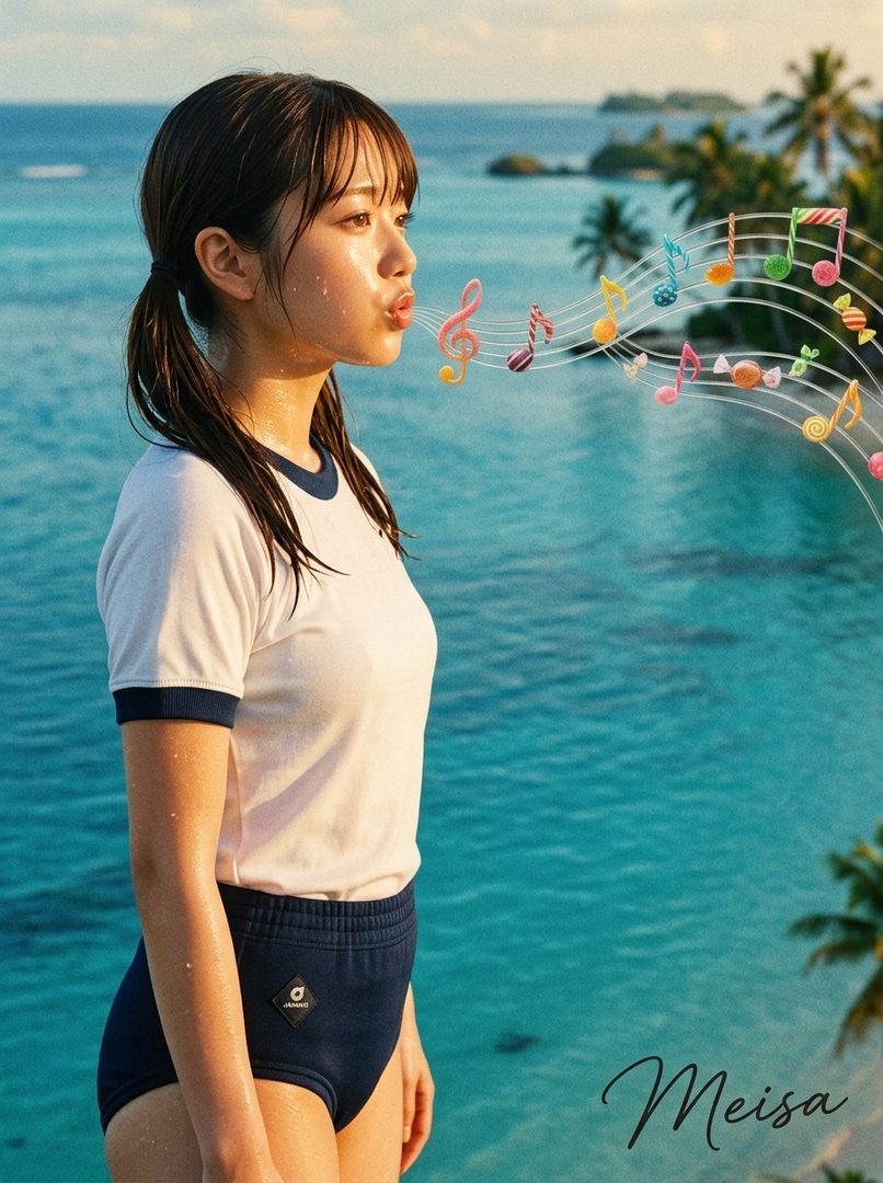 A young woman in a navy school swimsuit stands in crystal-clear turquoise water at a tropical beach, blowing colorful musical notes and candy shapes from her lips under golden sunlight.