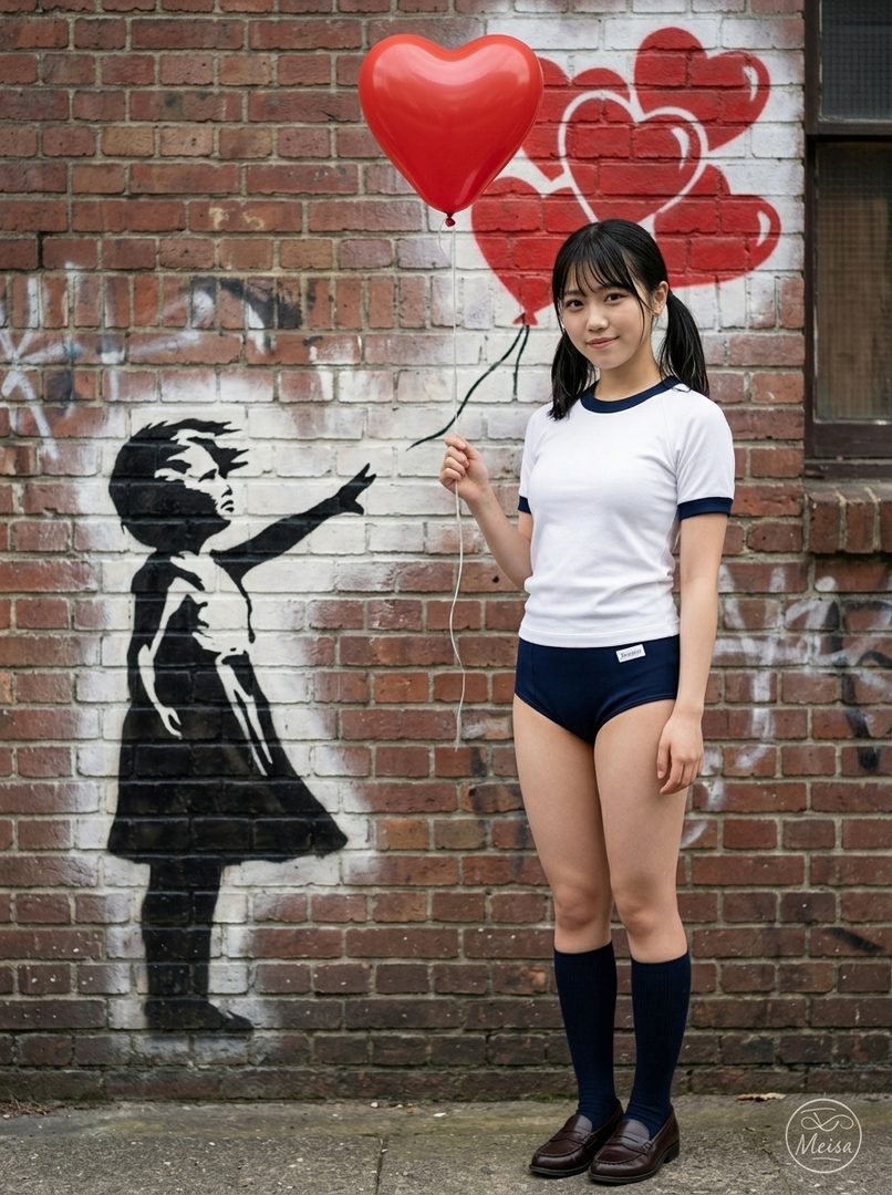 Young East Asian woman in navy bloomers and white gym shirt holding a red heart balloon in front of a brick wall with Banksy-style graffiti.