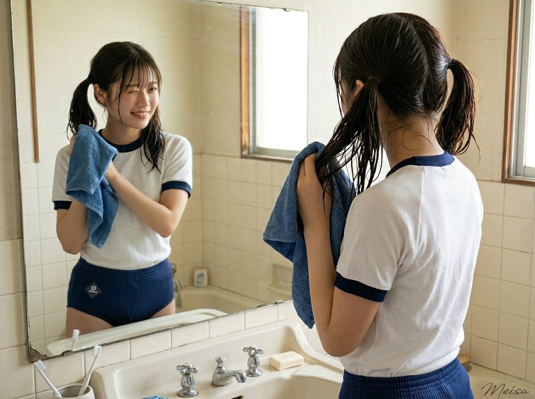 Young woman with wet black hair in pigtails drying off in a tiled bathroom while smiling at her mirror reflection.