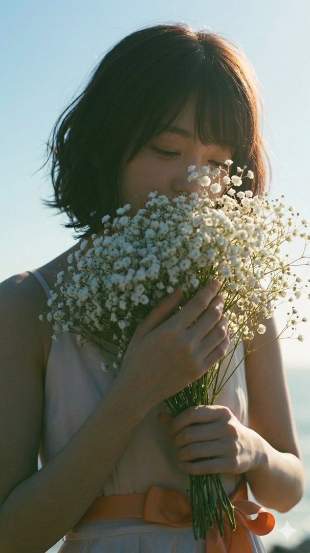 A young woman with short brown hair and bangs is holding a bouquet of white baby's breath flowers to her face, smelling them, with a bright blue sky in the background.