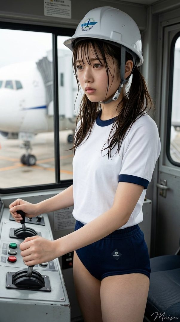 Young woman in a white hard hat and blue bloomers operating controls inside an airport vehicle with a passenger plane visible outside the window.