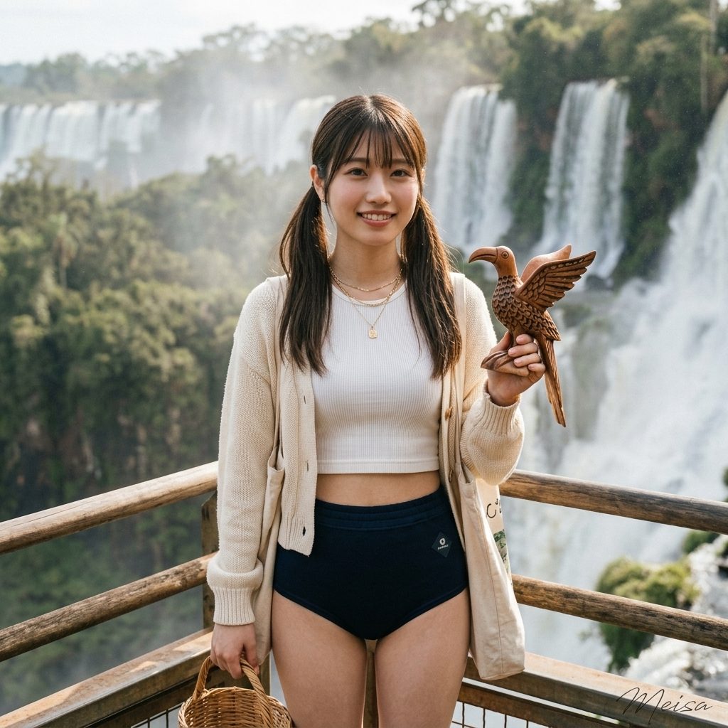 A smiling young woman with pigtails holds a wooden bird statue in front of a misty waterfall at Iguazu Falls.