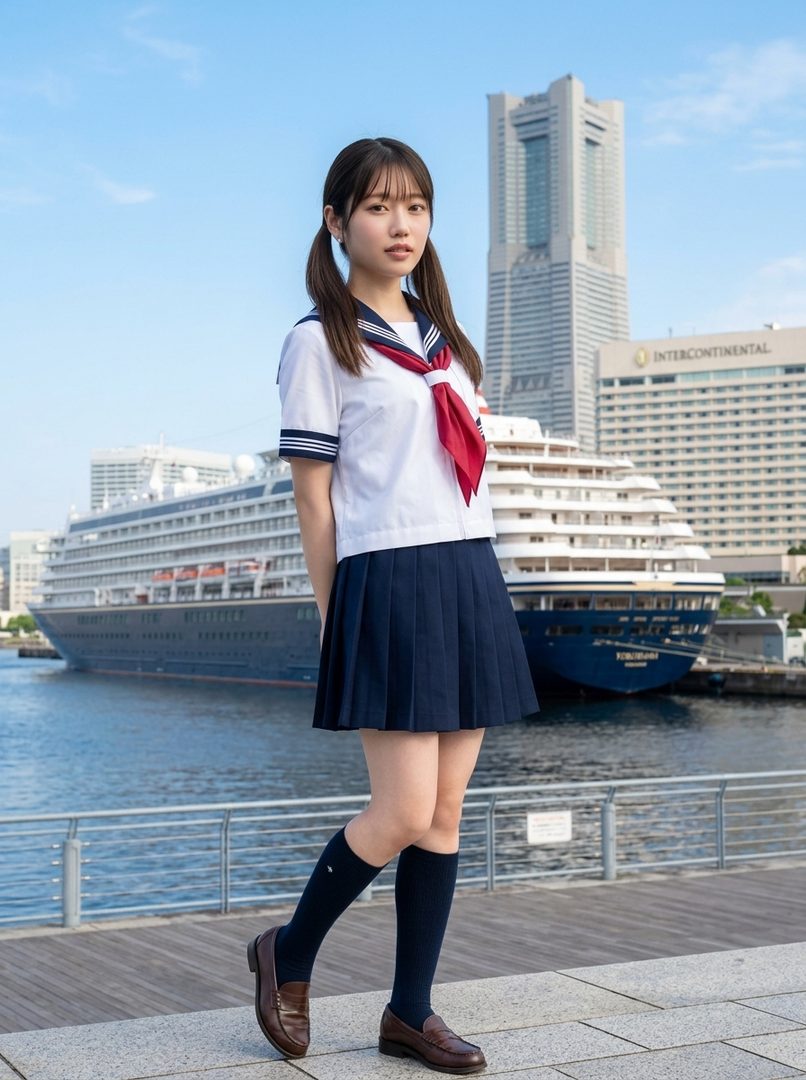Young Japanese woman in classic sailor school uniform posing by the harbor with a large cruise ship and city skyline behind her.