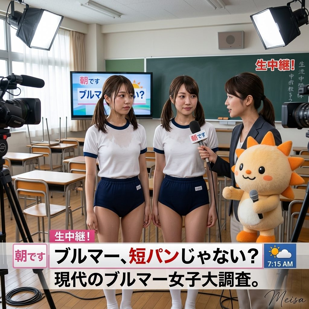Three young women in traditional Japanese gym uniforms stand in a brightly lit classroom studio during a mock news interview.