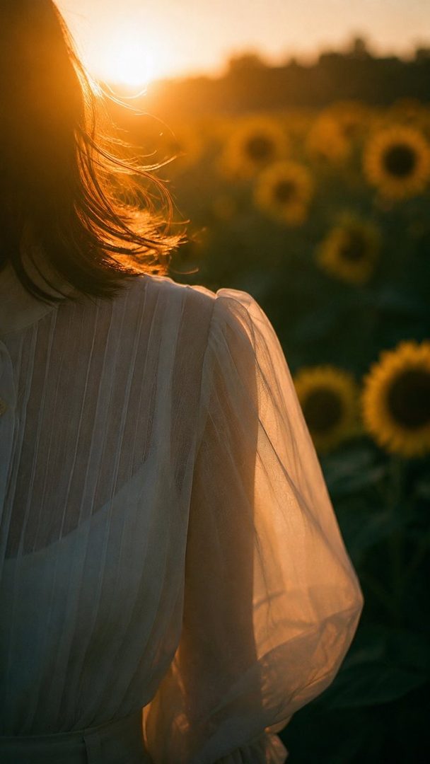 A person with brown hair and a sheer white blouse stands in a sunflower field during sunset, with warm backlighting.