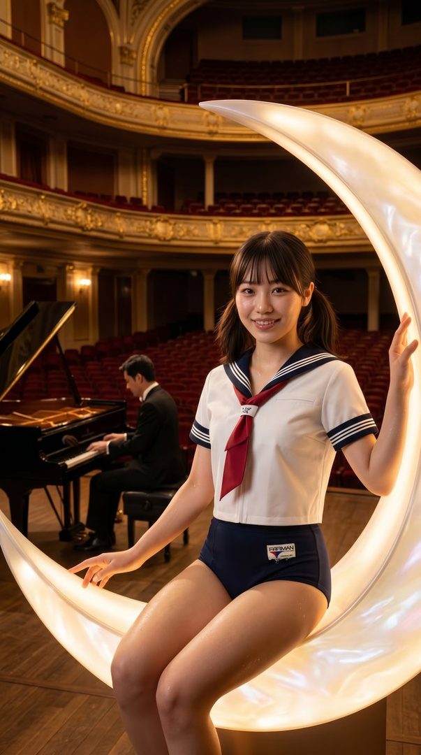 Young woman in a Japanese sailor uniform posing on a glowing crescent moon prop inside an ornate theater with a pianist playing in the background.