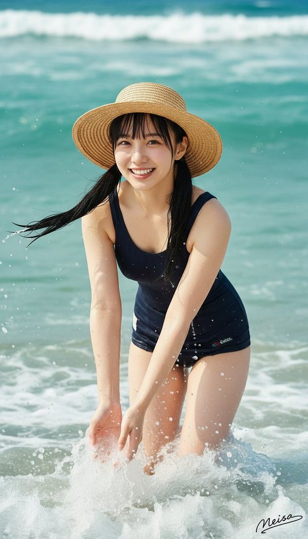 A smiling young woman in a dark blue one-piece swimsuit and straw hat posing playfully in turquoise ocean waves at the beach.