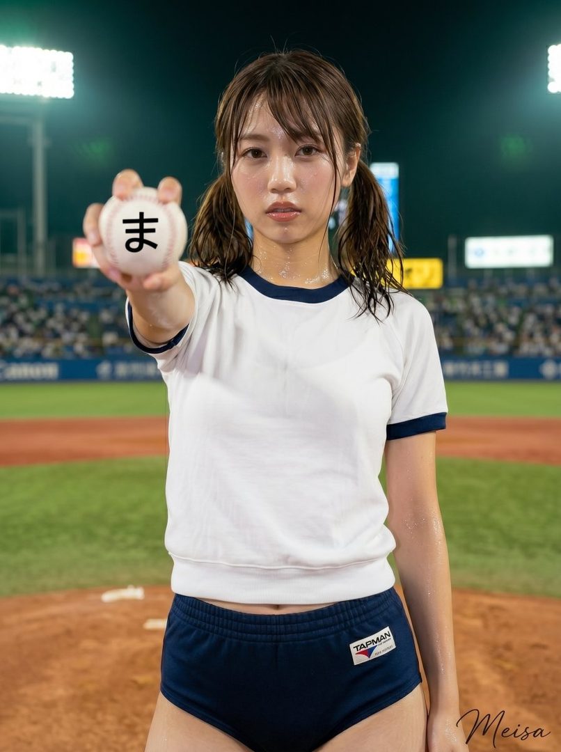 Young woman in gym clothes holding a baseball marked with 'ma' on a lit nighttime baseball field.