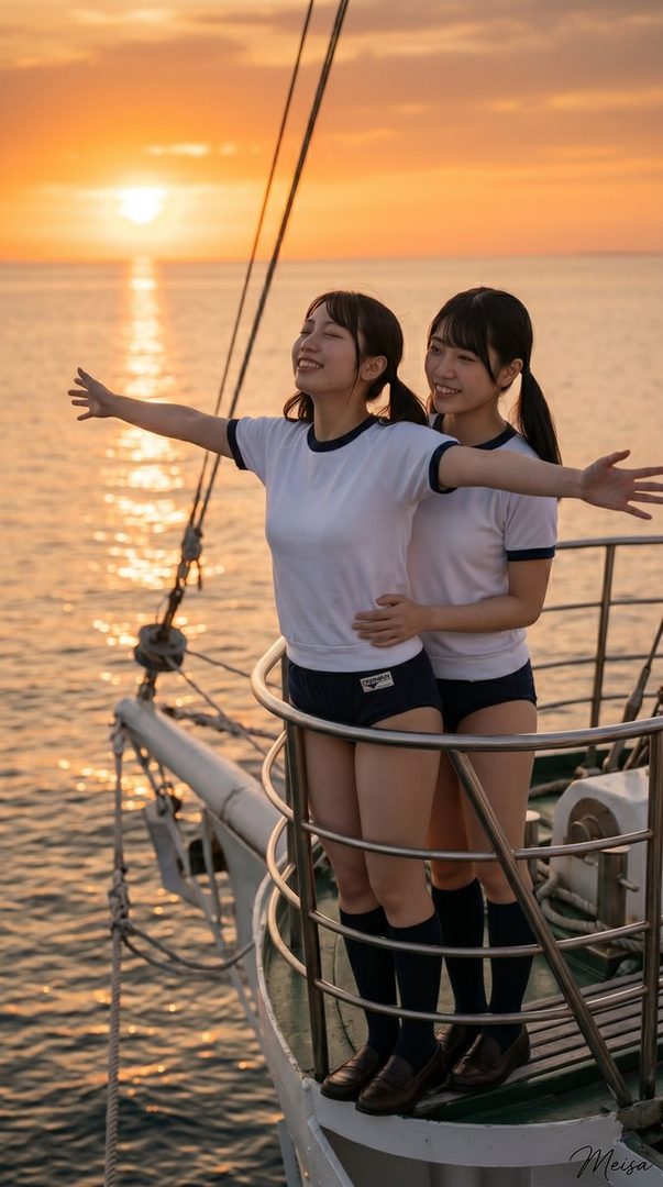 Two young women in matching white gym uniforms pose together on a boat railing at golden sunset over the calm sea.